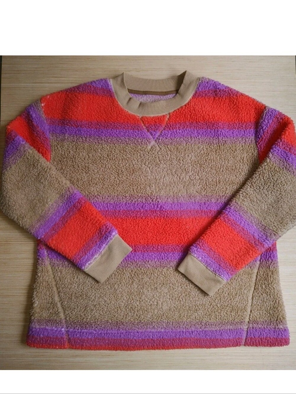 Koolaburra UGG Fuzzy Sherpa Pullover Sweatshirt Beige Orange Striped Sweater M P